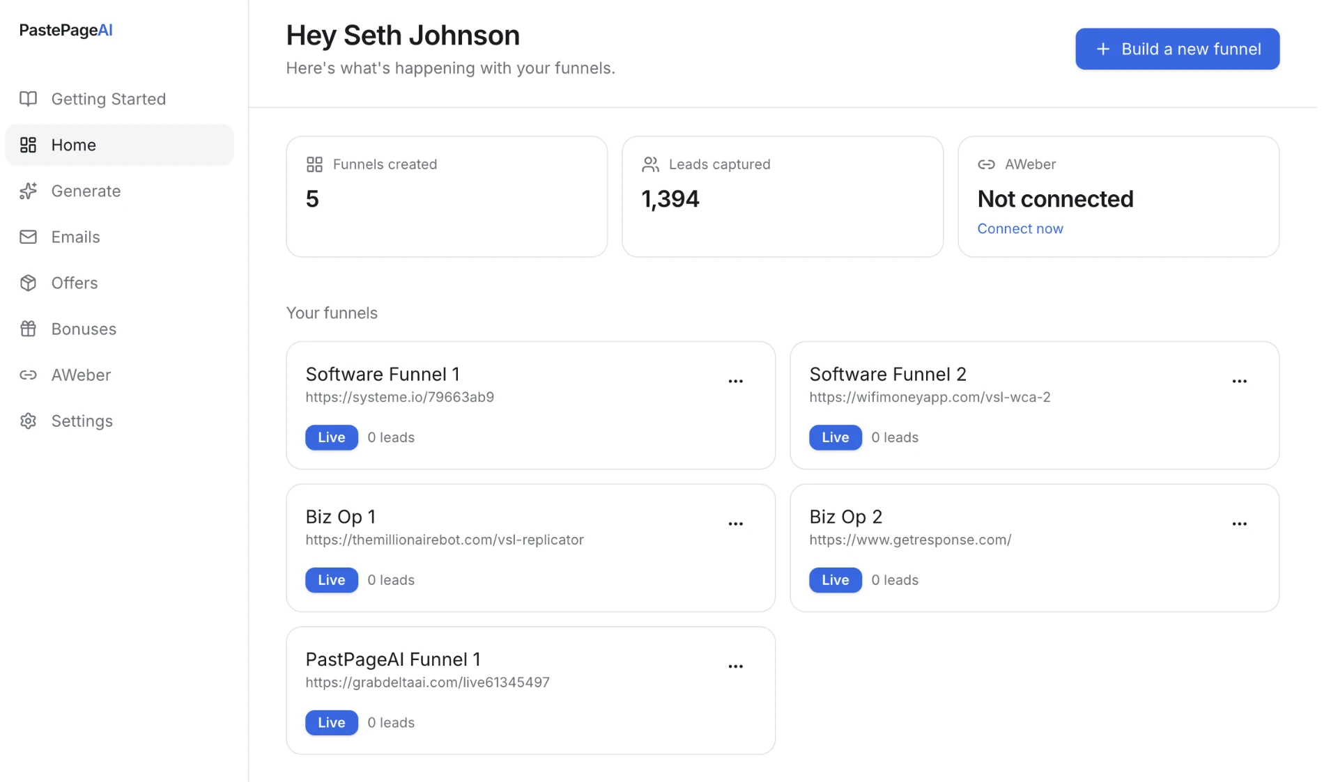 Your funnel dashboard — every campaign at a glance.